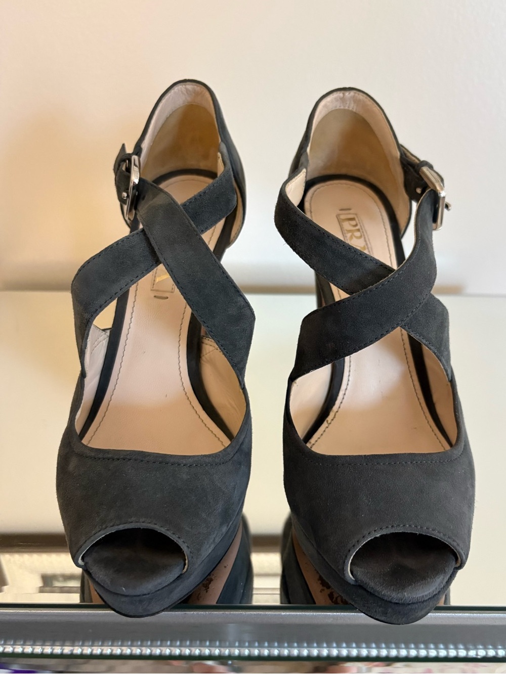 Prada Dark Grey Suede Crisscross Peep-Toe Heels with Ankle Buckle